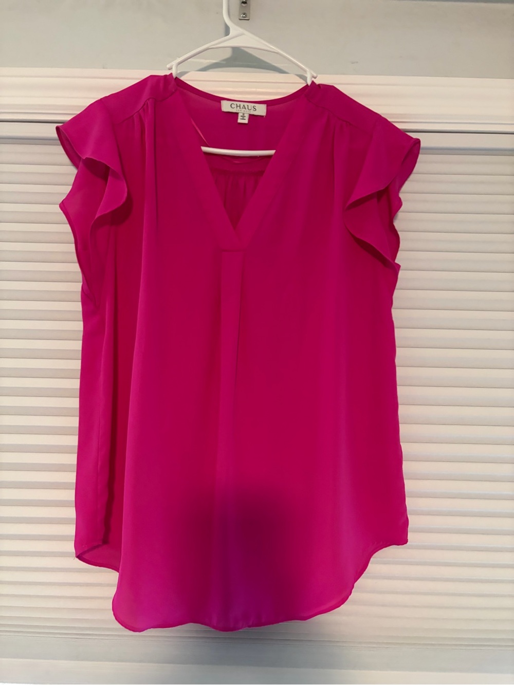Chaus Bright Fuchsia Ruffle Sleeve V-Neck Blouse